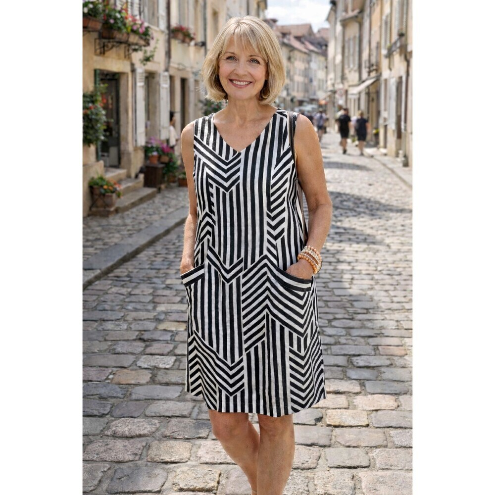 Charlie B Shift Dress Linen Striped Sleeveless Knee Length Tan Black Women’s M